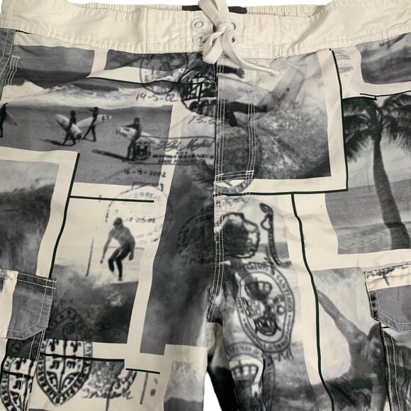 Vintage 90s US Apparel Board Shorts Swim Trunks M White Grey Drawstring Pockets - Picture 2 of 5